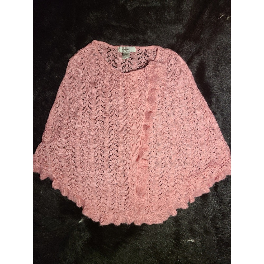 Kikit Poncho Women One Size Pink Excellent Pointelle Knit Ruffle Rosette Wrap